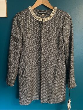 Karl Lagerfeld Black & White Tweed Coat Dress with Pearl Collar